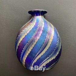 Correia Art Glass Vase Cobalt Pulled Feather Iridescent- Vintage