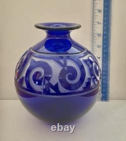 Correia Signed, Large Art Glass Vase, Cobalt Blue Cut Back Cameo 11 Of 200 7