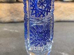 Cut Crystal Vase Cobalt Blue Cylinder Tube Buds Vintage Antique Bohemian Rare