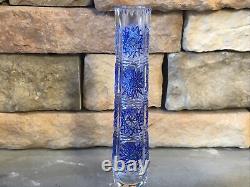 Cut Crystal Vase Cobalt Blue Cylinder Tube Buds Vintage Antique Bohemian Rare