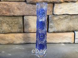 Cut Crystal Vase Cobalt Blue Cylinder Tube Buds Vintage Antique Bohemian Rare