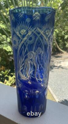 Cut Glass Vase Blue to Clear, Erotic Young Lovers Theme, Sporting Wood