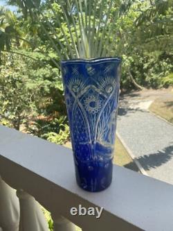 Cut Glass Vase Blue to Clear, Erotic Young Lovers Theme, Sporting Wood