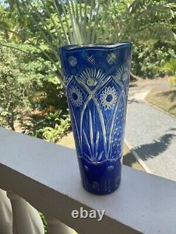 Cut Glass Vase Blue to Clear, Erotic Young Lovers Theme, Sporting Wood