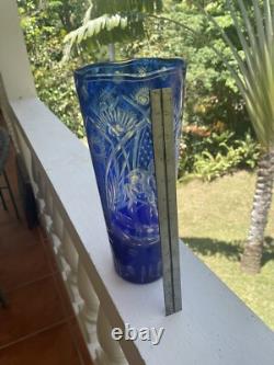 Cut Glass Vase Blue to Clear, Erotic Young Lovers Theme, Sporting Wood