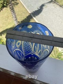 Cut Glass Vase Blue to Clear, Erotic Young Lovers Theme, Sporting Wood