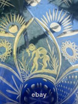 Cut Glass Vase Blue to Clear, Erotic Young Lovers Theme, Sporting Wood