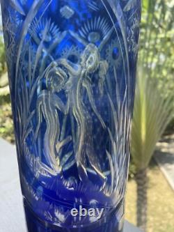 Cut Glass Vase Blue to Clear, Erotic Young Lovers Theme, Sporting Wood