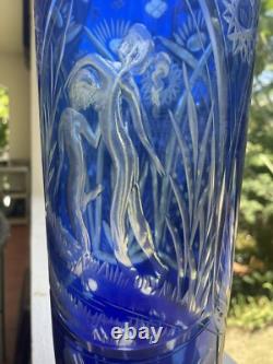Cut Glass Vase Blue to Clear, Erotic Young Lovers Theme, Sporting Wood