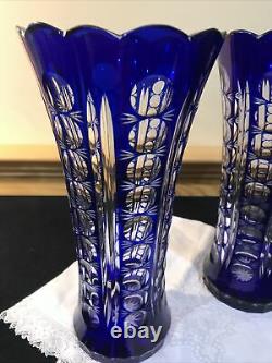Cut to clear cobalt blue pair of vases ruffled Top thumbprint? Set 2