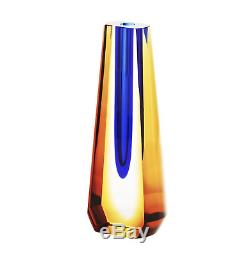 Czech Art Glass Submerged Vase Pavel Exbor Eye Catching Royal Blue / Amber