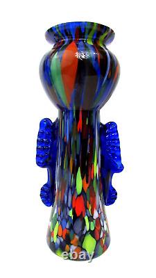 Czech Blue Spatter End Of Day Art Glass Vase 8 Tall Very Hard to Find Marked