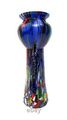 Czech Blue Spatter End Of Day Art Glass Vase 8 Tall Very Hard to Find Marked