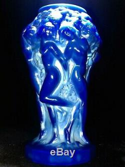 Czech Bohemian Art Deco Lapis Lazuli Blue Malachite Art Glass Dancing Nudes Vase