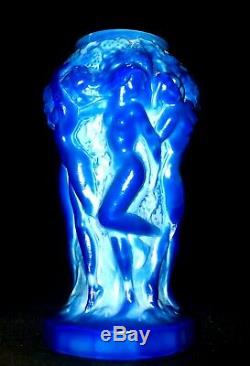 Czech Bohemian Art Deco Lapis Lazuli Blue Malachite Art Glass Dancing Nudes Vase