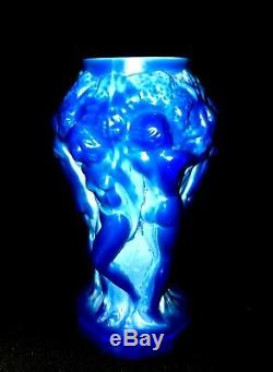 Czech Bohemian Art Deco Lapis Lazuli Blue Malachite Art Glass Dancing Nudes Vase