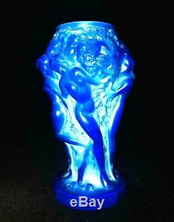 Czech Bohemian Art Deco Lapis Lazuli Blue Malachite Art Glass Dancing Nudes Vase