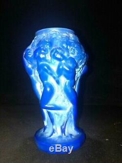 Czech Bohemian Art Deco Lapis Lazuli Blue Malachite Art Glass Dancing Nudes Vase