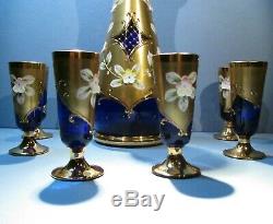 Czech Bohemian High Enamel Blue Gold Decanter 6 Glasses Hand Painted Egermann