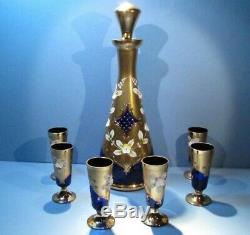 Czech Bohemian High Enamel Blue Gold Decanter 6 Glasses Hand Painted Egermann