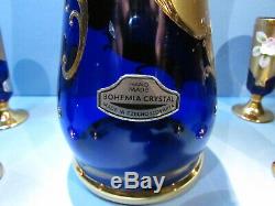 Czech Bohemian High Enamel Blue Gold Decanter 6 Glasses Hand Painted Egermann