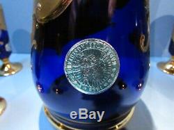 Czech Bohemian High Enamel Blue Gold Decanter 6 Glasses Hand Painted Egermann