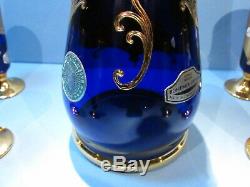 Czech Bohemian High Enamel Blue Gold Decanter 6 Glasses Hand Painted Egermann