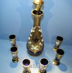 Czech Bohemian High Enamel Blue Gold Decanter 6 Glasses Hand Painted Egermann