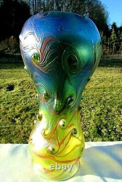 Czech Bohemian Kralik Art Glass Blue-Yellow Iridized Swirl Textured Vase 12.5H