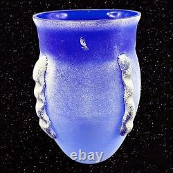 Czech Bohemian Scavo Glass Vase White Textured Cobalt Blue Vintage Vase 9.5T 6