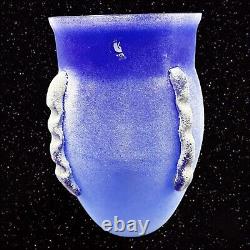Czech Bohemian Scavo Glass Vase White Textured Cobalt Blue Vintage Vase 9.5T 6