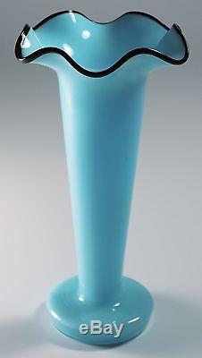 Czech Kralik Tango Glass Vase Blue with Black Thread Rim