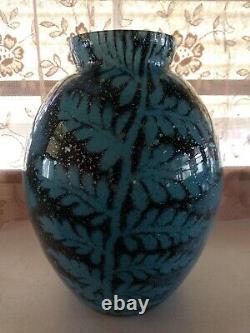 Czech Signed Kralik Rare Fern Leaf Silver Mica Vase 12 Black and Blue