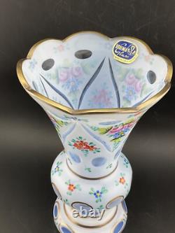 Czech bohemian overlay glass vase white over blue 8