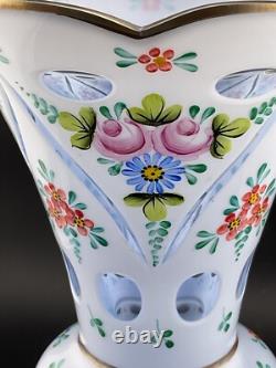 Czech bohemian overlay glass vase white over blue 8