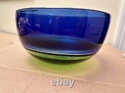 DANSK Cobalt Blue Emerald Blown Art Glass Bowl Romania Signed Michael Scheiner