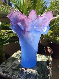 DAUM Pate de Verre Magnum 13T Amethyst Purple Blue ORCHID Crystal Vase Perfect