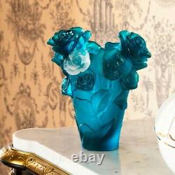 DAUM Small Blue Vase & White Rose Passion 05287-7 FRANCE CRYSTAL New Numbered Ed