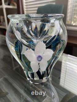 DAVID LOTTON Paperweight Vase Blue White Green Purple Flowers Signed & Label