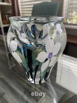 DAVID LOTTON Paperweight Vase Blue White Green Purple Flowers Signed & Label