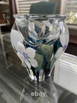 DAVID LOTTON Paperweight Vase Blue White Green Purple Flowers Signed & Label