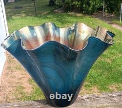 Dan Bergsma red gold swirl art glass handkerchief vase bowl Blue Black Gold