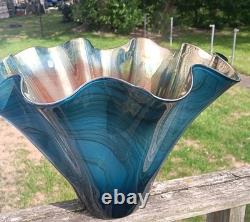 Dan Bergsma red gold swirl art glass handkerchief vase bowl Blue Black Gold