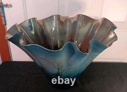 Dan Bergsma red gold swirl art glass handkerchief vase bowl Blue Black Gold