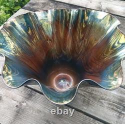 Dan Bergsma red gold swirl art glass handkerchief vase bowl Blue Black Gold