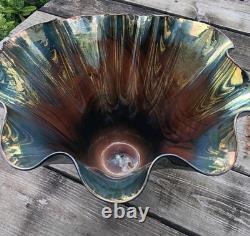 Dan Bergsma red gold swirl art glass handkerchief vase bowl Blue Black Gold