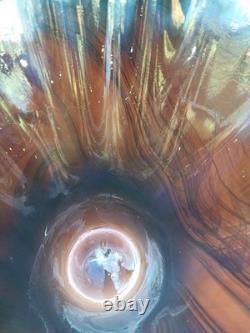 Dan Bergsma red gold swirl art glass handkerchief vase bowl Blue Black Gold