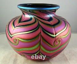 Daniel Lotton Studio Art Glass Pulled Feather Urn Vase Pink withCobalt Blue Base