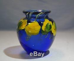 Daniel Salazar for Lundberg Studios Blue Art Glass Vase Yellow Flowers 1998