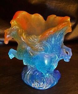 Daum Pate de Verre Timbale Chevaux de Marly Bleu Horse Vase MIB (2 Avail.)